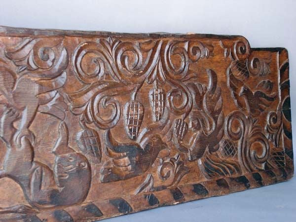 19th c. intricate carving on large cypress wood panel from the highlands of Guatemala. One long board featuring angles, birds etc. Can be used as a headboard or decorative panel over door.