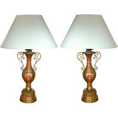 Pair of C. 1890 Hand Painted Solid Brass Lamps