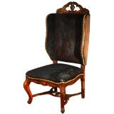 Antique Big Carved Wood and Suede Chair
