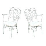 Antique Pair of White French Iron Garden Chairs with Metal Seats.