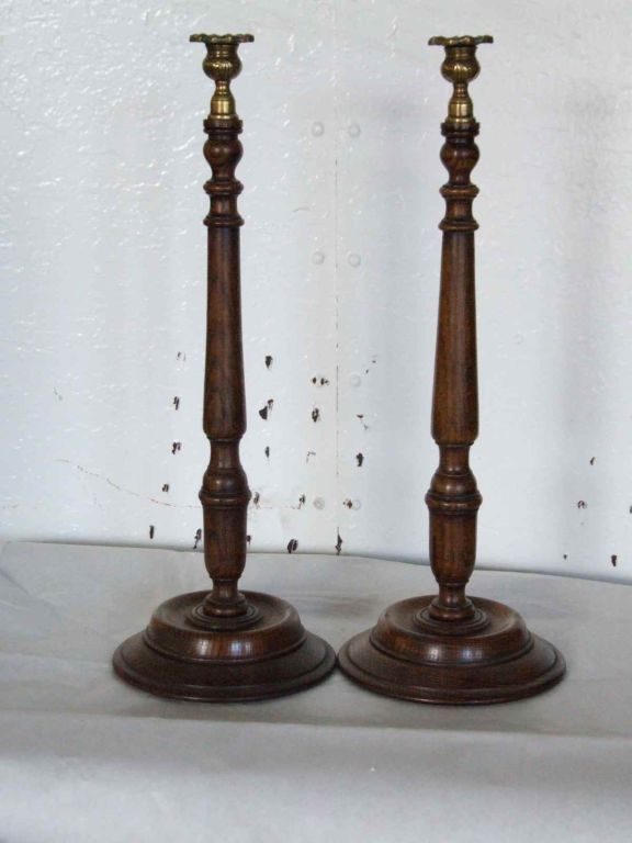Pair of 19th c. Treen Brass-fitted English Candlesticks