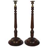 Pair of 19th c. Treen Brass-fitted English Candlesticks
