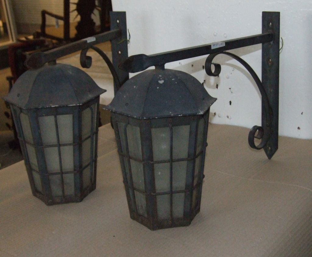 Pair of  Wrought Iron and Zinc Carriage House Lanterns