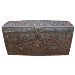 Elaborately Decorated 17th c. Studded Leather Traveling Trunk
