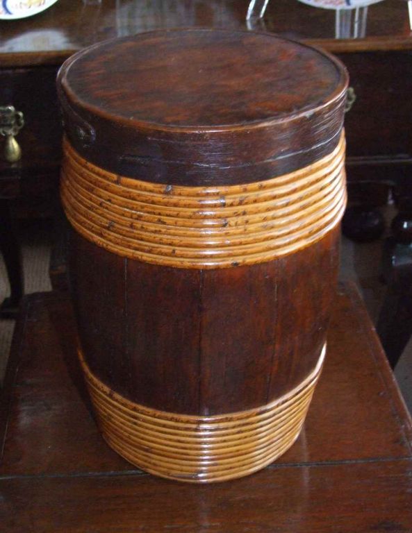 Very fine Swedish over-scale oak and willow banded barrel with staved and strapped construction. Rich color and patina.