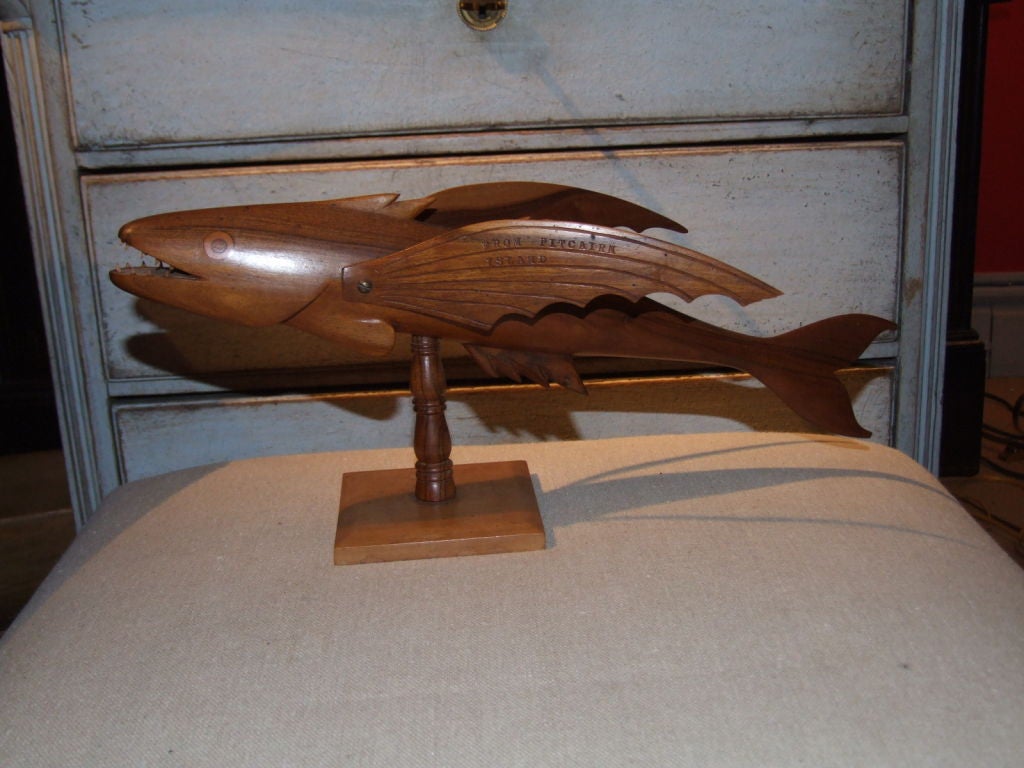 Wonderful and whimsical carved Koa wood fish made by Len Brown, a descendant of one of the H.M.S. Bounty crewmen who mutinied and settled on the island. Pitcairn fish are quite sought after and this is a wonderful example having individually formed