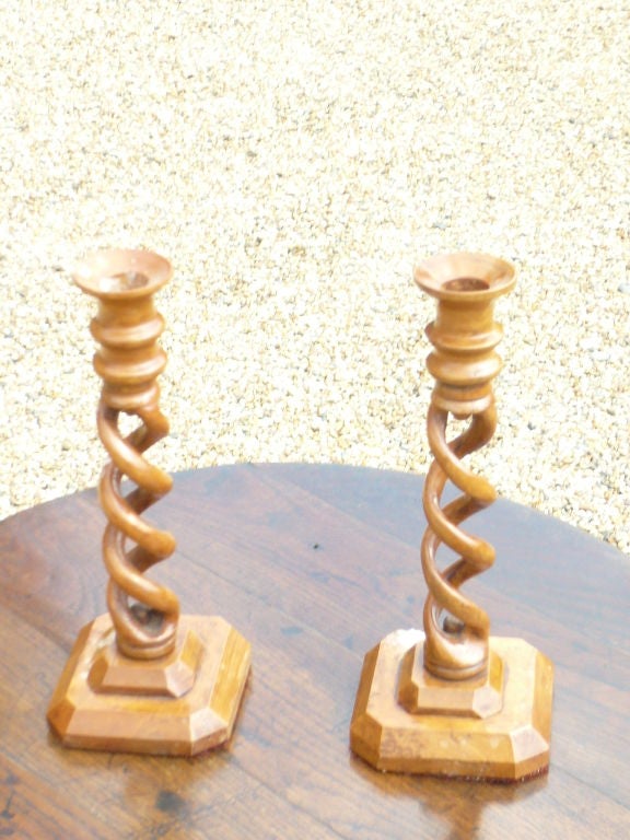 18th c. Swedish Double Twist Boxwood Candlesticks