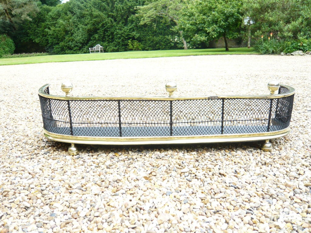 A 19th century English fire fender with iron mesh and base and brass bottom and top rails, on brass ball feet, with brass ball finials.