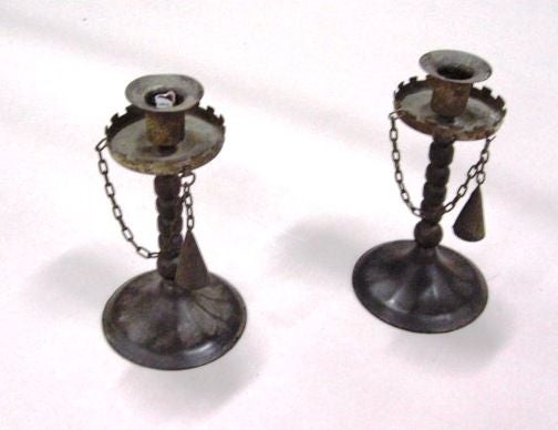 English Pair of 19th Century Tin and Wood Candlesticks