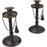 Antique Pair of 19th Century Tin and Wood Candlesticks
