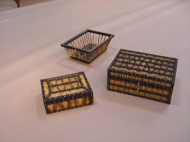 Unusual 19th Century Anglo-Indian ivory inlaid ebony and porcupine quill basket and boxes