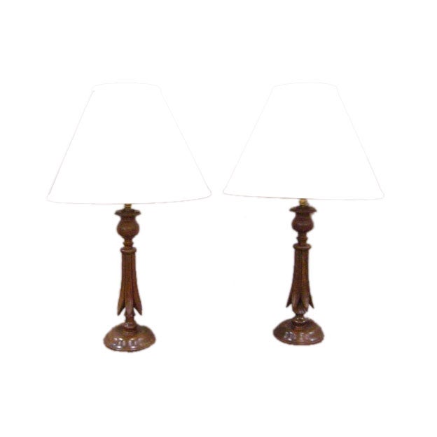 Pair of Carved Palm Frond Lamps