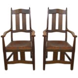 Antique Pair of Cotswold Oak and Leather Desk Chairs by William Lethaby