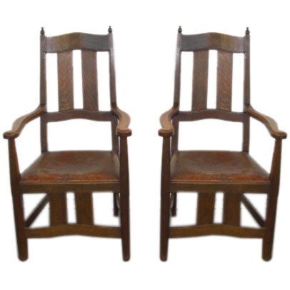 Pair of Cotswold Oak and Leather Desk Chairs by William Lethaby