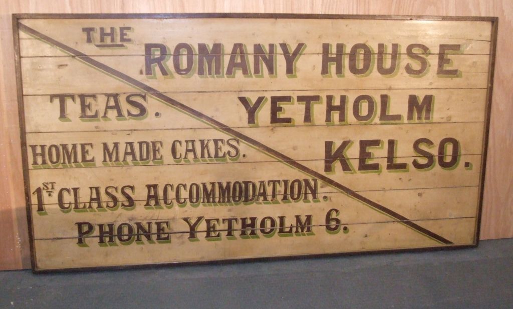 Hand-painted Scottish trade sign from The Romany House, a 19th century hotel, inn and tea room in the Scottish border town of Yetholm famous for its 