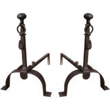 Antique A Pair of 18th c. English Blacksmith-Made Ringed Andirons