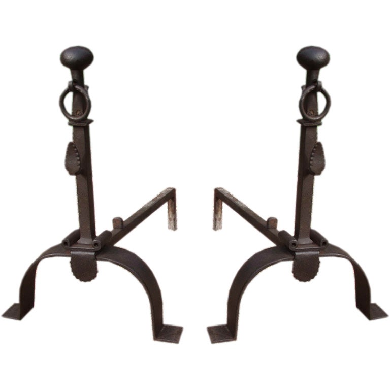 A Pair of 18th c. English Blacksmith-Made Ringed Andirons