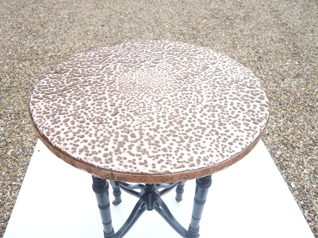 English Aesthetic Ebonized Table with Hammered Copper Top In Excellent Condition In Greenwich, CT