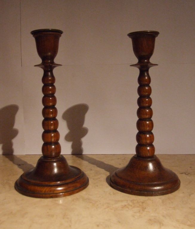 Pair of Tapering Bobbin Turned Oak Candlesticks