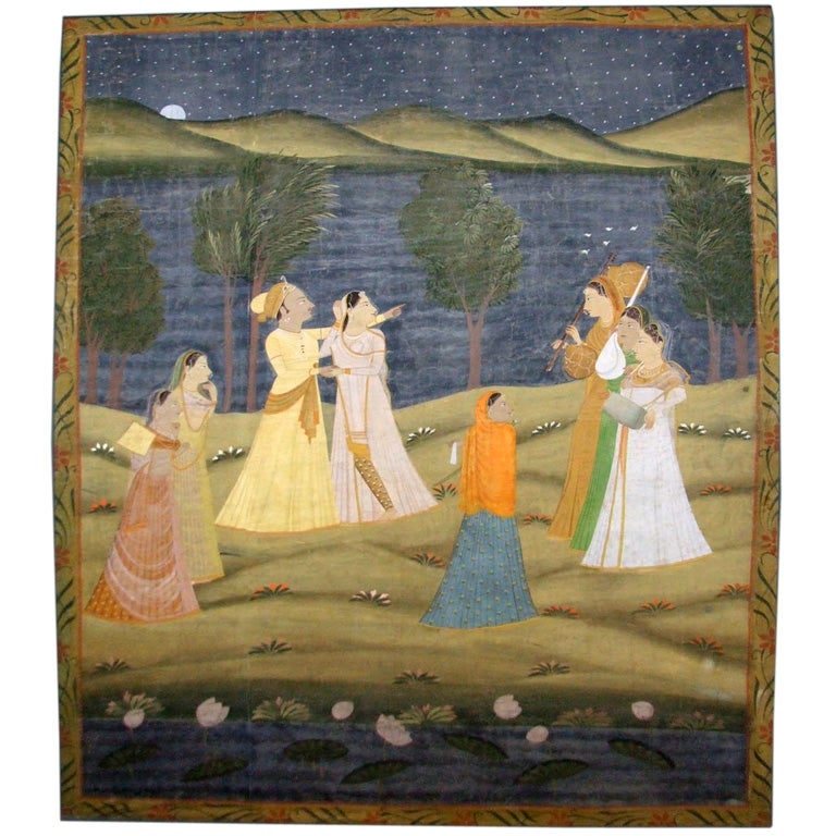A decorative large scale Indian painting of a spring wedding in a hilly setting at dusk depicting the beloved, surrounded by a retinue of serenading female attendants, explaining a long forgotten tradition of the flight of the white cranes.  In the