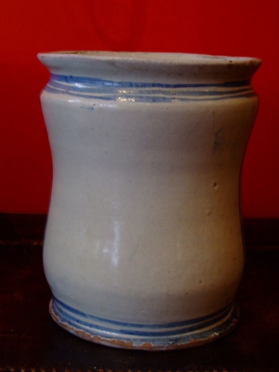 18th c. Italian Blue and White Tin Glazed Apothecary Jar In Good Condition For Sale In Greenwich, CT