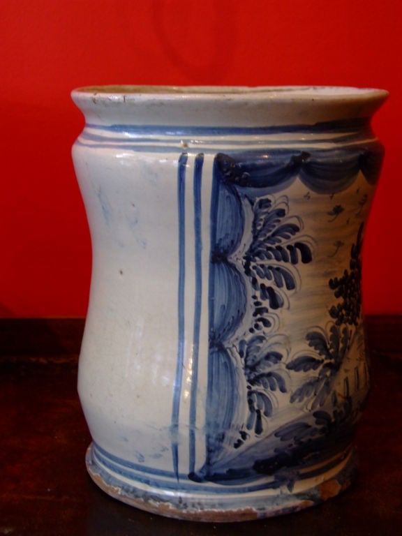 Baroque 18th c. Italian Blue and White Tin Glazed Apothecary Jar For Sale