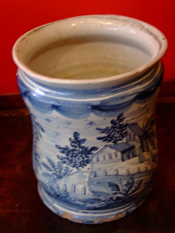 18th Century 18th c. Italian Blue and White Tin Glazed Apothecary Jar For Sale