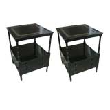 A pair ebonized, faux-bamboo, leather-top end tables/nightstands