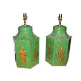 A pair tole chinoiserie canister lamps
