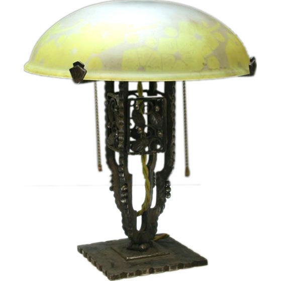 French Wrought Iron Lamp with Cameo Shade
