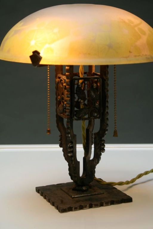 20th Century French Wrought Iron Lamp with Cameo Shade