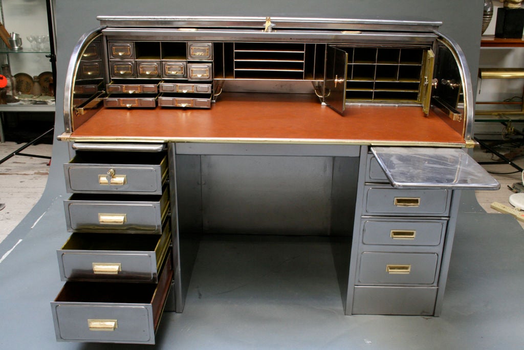 Mid-20th Century Art Metal Co. Double Bank Roll Top Desk