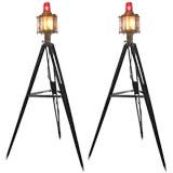 Vintage A Nice Pair, of Fresnel Lens, Tripod Mounted Lights