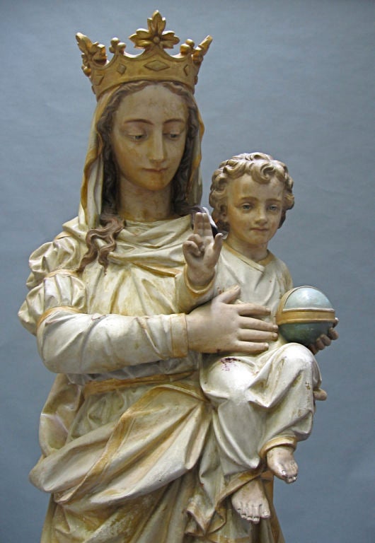 20th Century 3/4 Life-Size Polychrome Terra-Cotta Madonna and Child