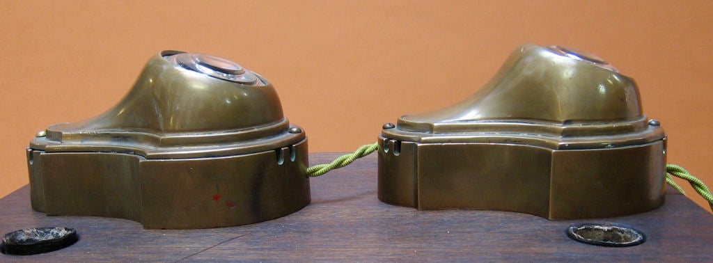 Pair of Fresnel lens sconces in the Edwardian style, everyone's seen the more common Deco ones. Offered as pair.