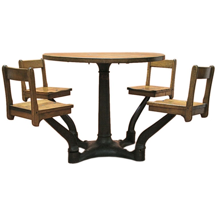 Cast Iron School Table with Swiveling Built-on Chairs