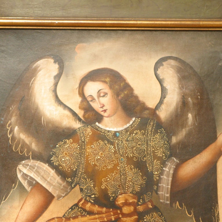 Cusco school style painting of Archangel Raphael, oil on canvas. The frame is a handmade and painted Spanish period style frame.<br />
<br />
INVENTORY CLEARANCE SALE THROUGH MARCH 12TH. ORIGINAL PRICE: $10,500. PRICE BELOW IS NET AFTER SPECIAL