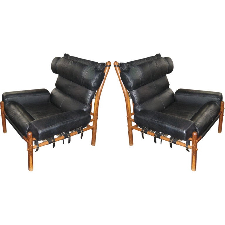 Rare Pair of Arne Norell Rosewood and Leather  Inka Chairs
