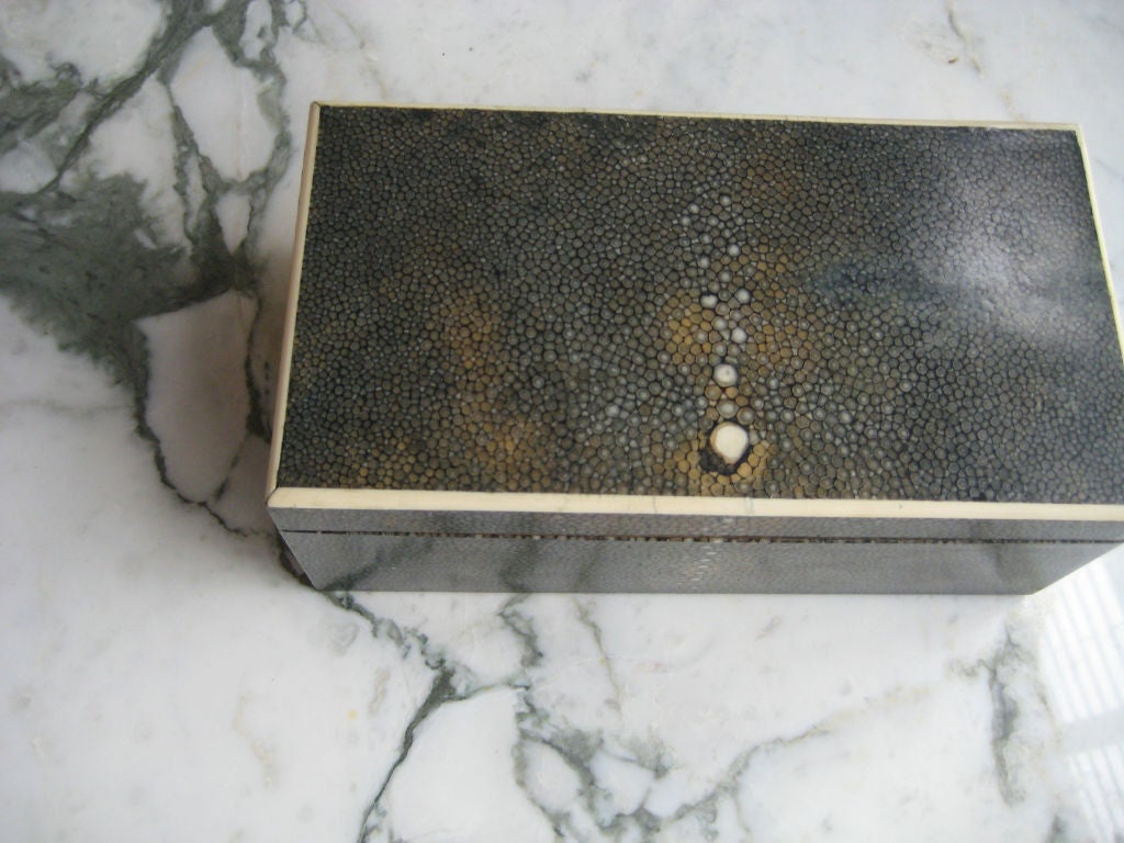 Large shagreen-wrapped wood box with inlay. Brass hinges and interesting shagreen 'camouflage' interior. Especially handsome design.