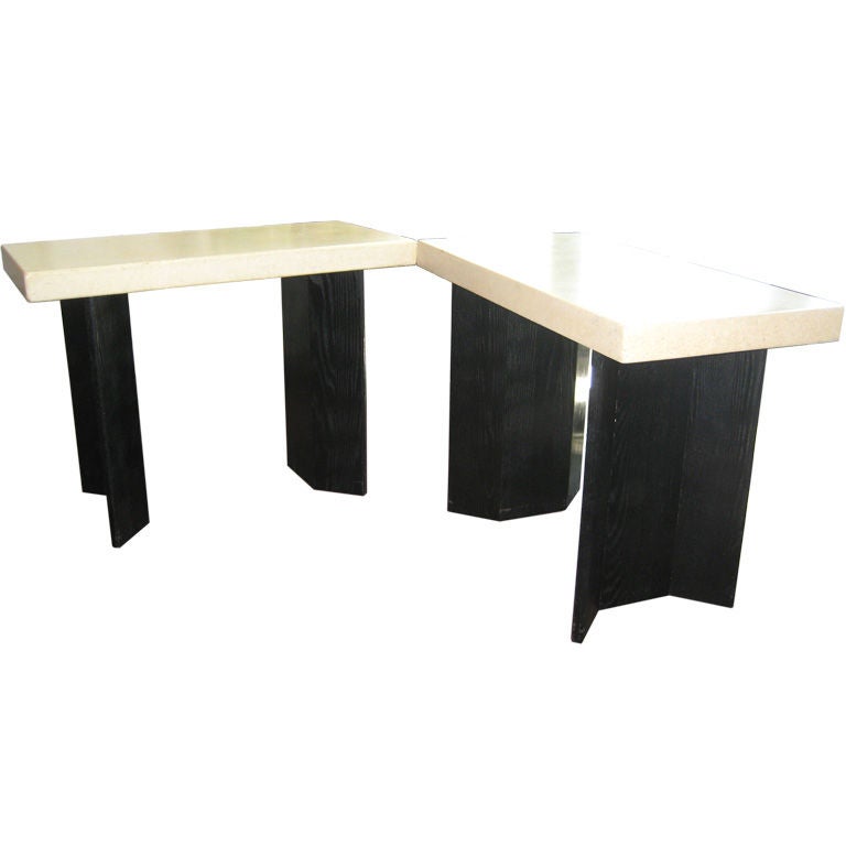 Pair of Paul Frankl Ebonized Oak and Cork Console Tables For Sale at