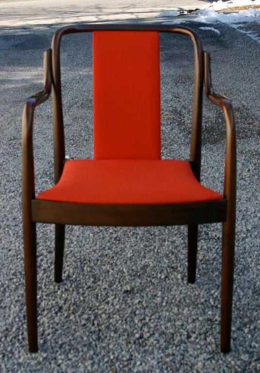 Bentwood cherry bridge chairs by Gemla Sweden, in bright red vintage upholstery; dark walnut finish.