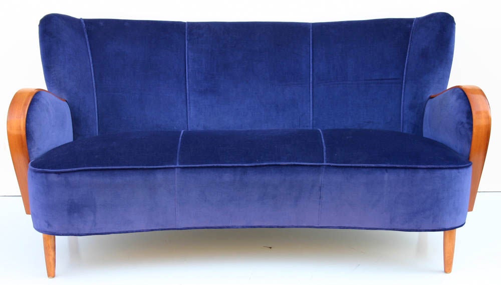 Gorgeous modern deco style Swedish sofa, beautifully upholstered in perrywinkle velvet.