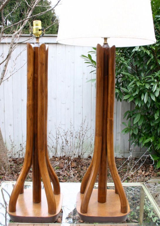 Tall and elegant 5-stem bamboo lamps, with walnut bases. 10
