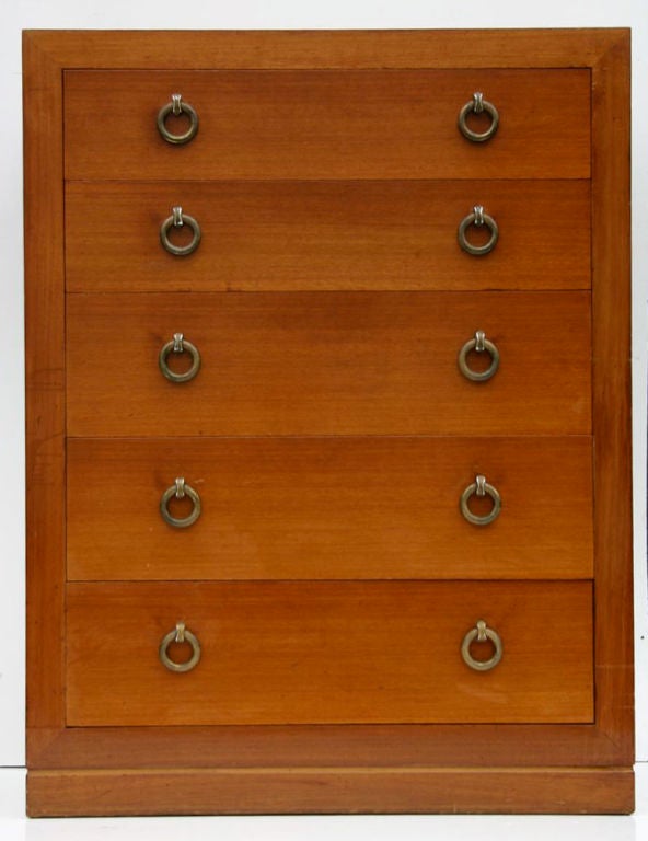 Handsome Spanish cedar five-drawer dresser; brassed iron pulls.