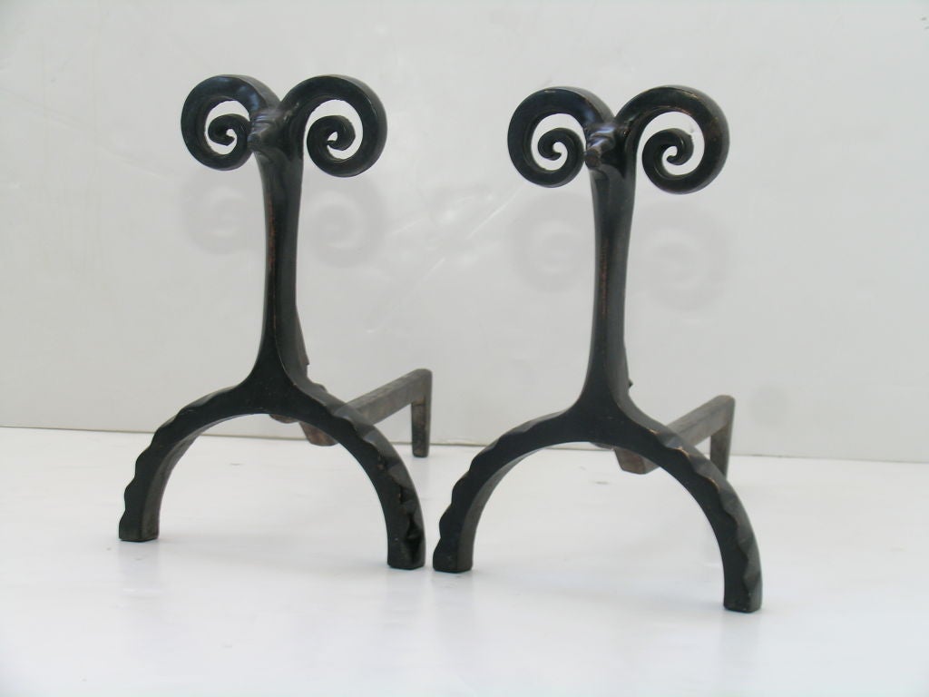 American Bronze Rams Head Andirons - Peter Kilham