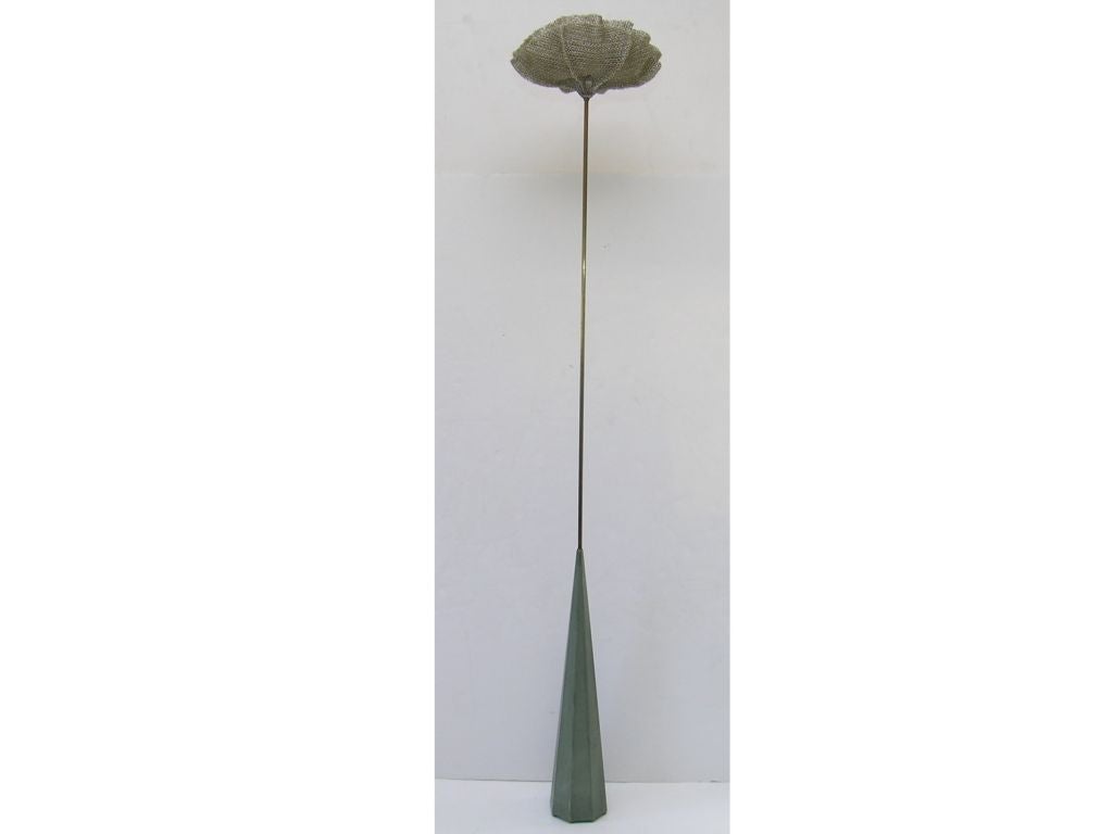 Handmade floor lamp in brass and stone by George Raustiala, Fauxx Moderne Studio. Lamp turns on and off and dims by turning brass pole.