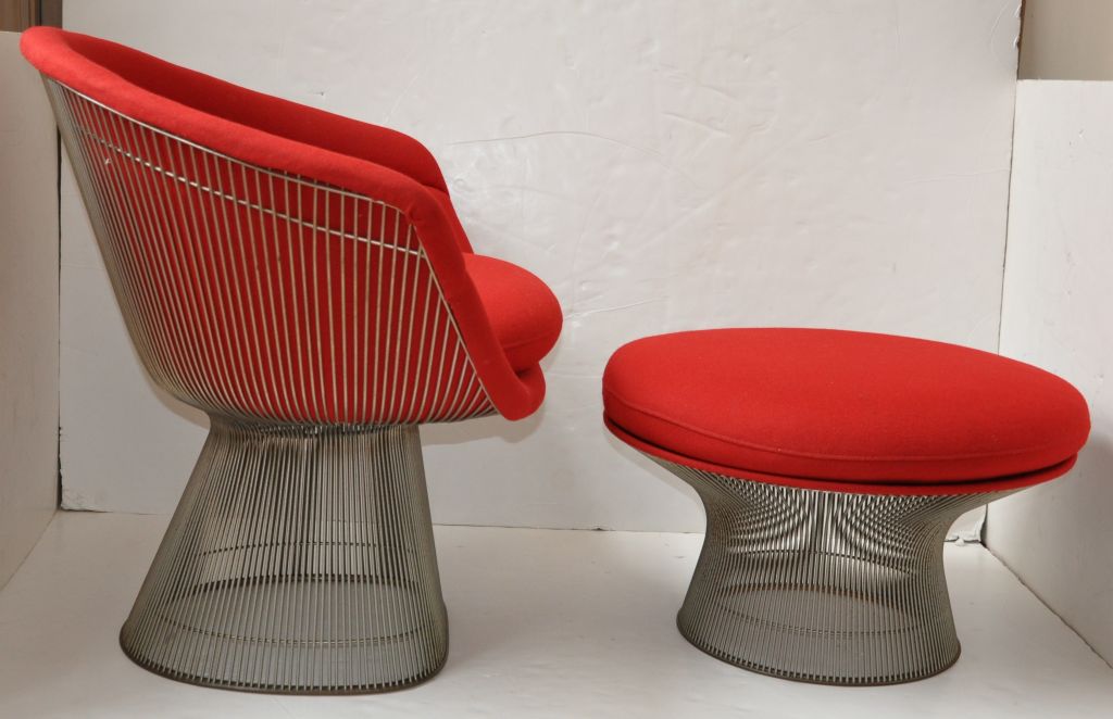 Club chair and ottoman in nickel finish with red Knoll fabric, by Warren Platner, Knoll International.