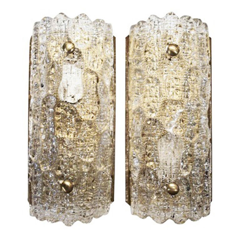 Pair of Crystal and Brass Sconces by Orrefors