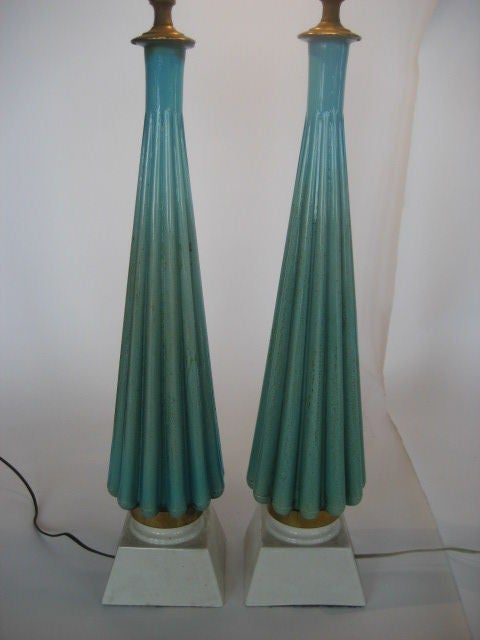 A Pair of Turquoise  Murano  Glass Lamps with Gold Flecks