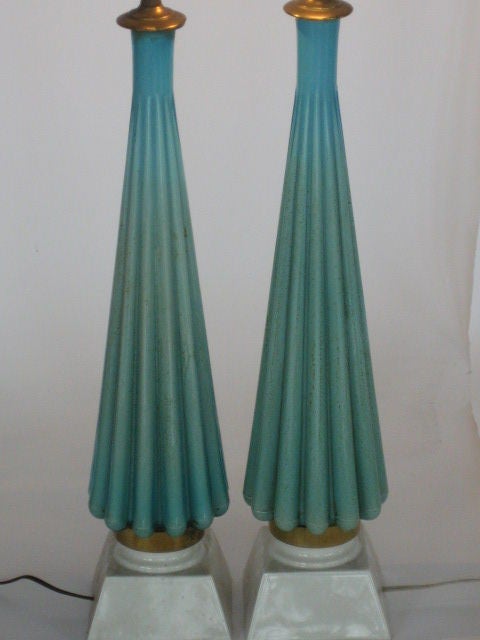 A Pair of Turquoise  Murano  Glass Lamps with Gold Flecks 2